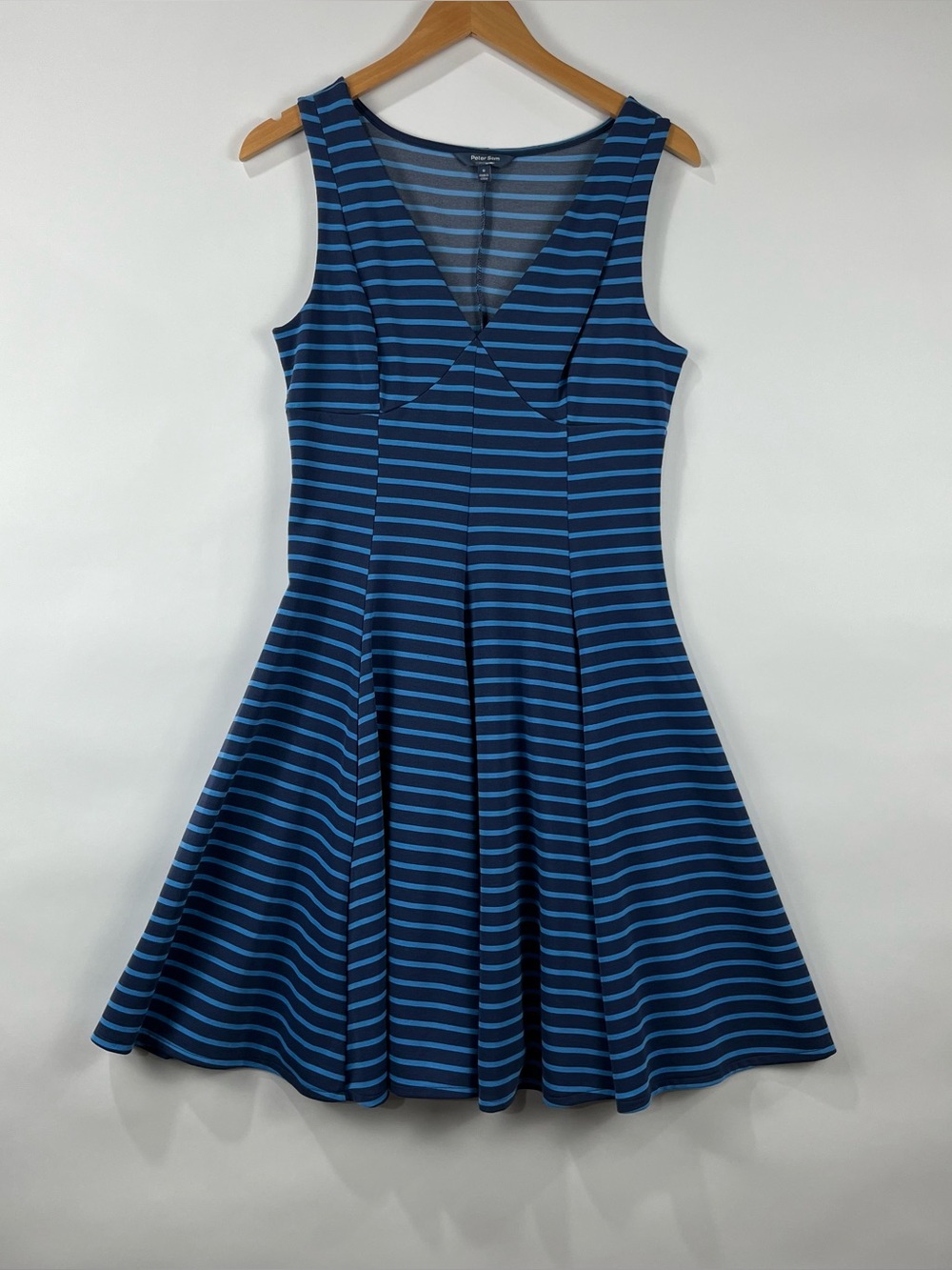 Fit & Flare Skater Dress Stretch Knit Sleeveless V Neck Flowy Stripe Midi